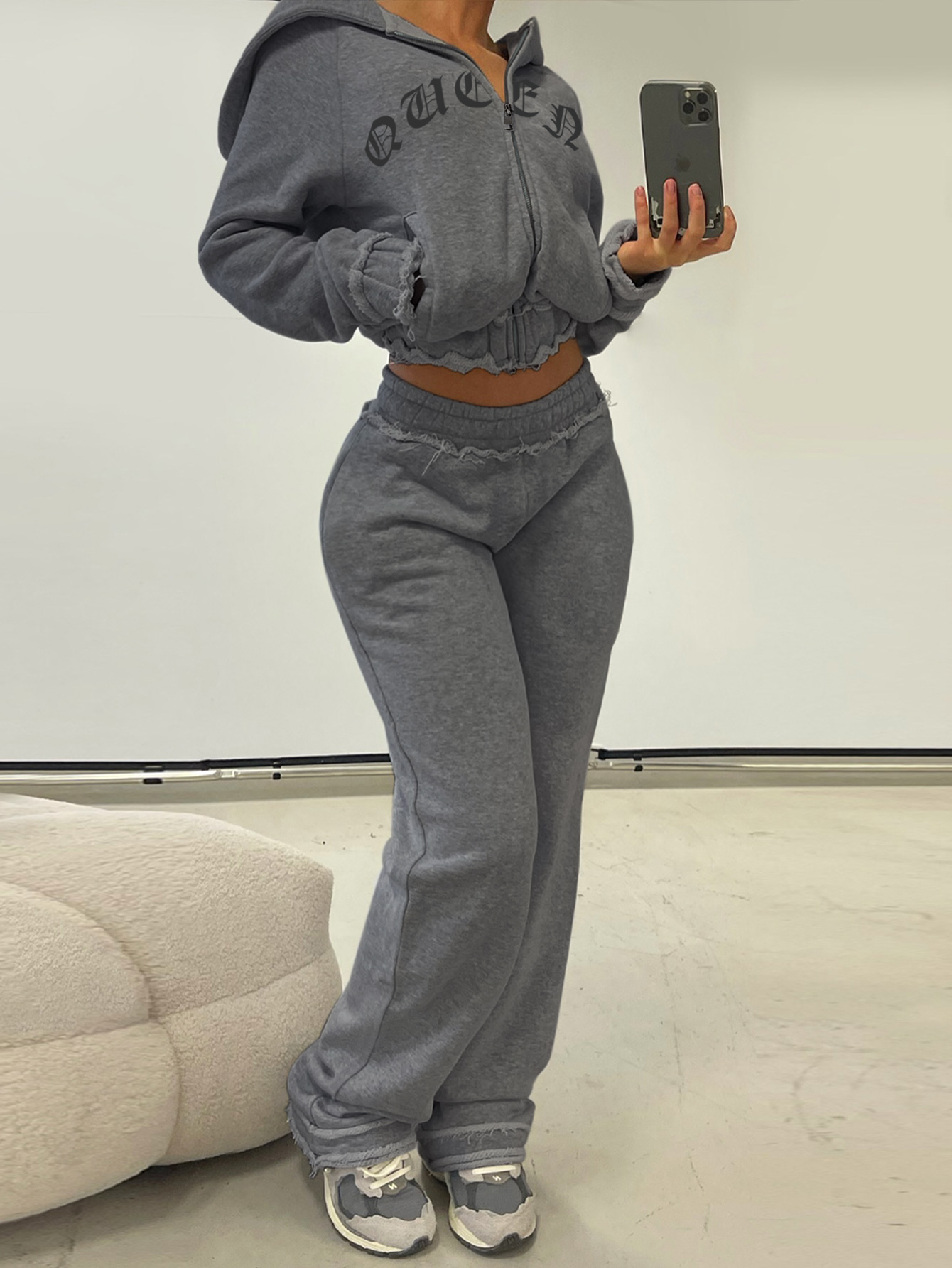LW BASICS Casual Sweat Hooded Collar Letter Long Sleeve Two-piece Pants Set